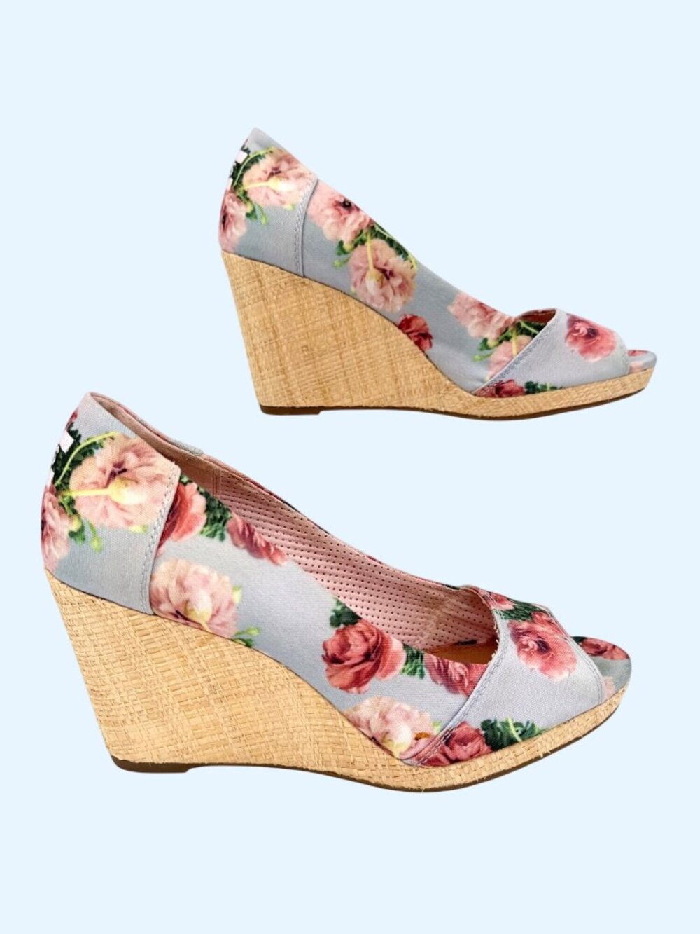 TOMS BLUE PINK FLORAL ROSE PRINT CANVAS WOVEN WEDGE PEEP TOE HEELS - 8